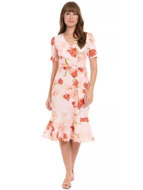 London Times Peach Floral Fit and Flare Ruffle Midi Dress Wedding Formal Size 4P